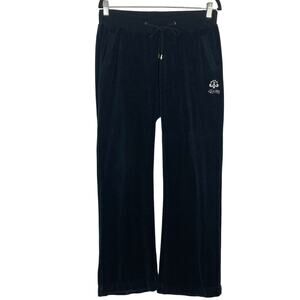 DEREON Sweatpants L Y2K Velour Velvet Black Wide-Leg Silver-Logo-Embroidery Soft